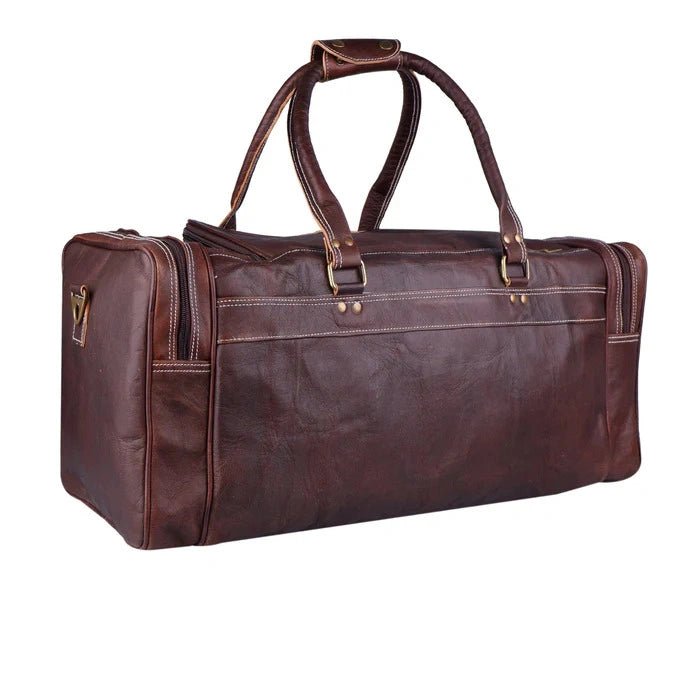 Brown leather duffel bag on a white background