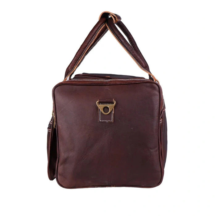 Brown leather bag with a visible brand logo on a white background