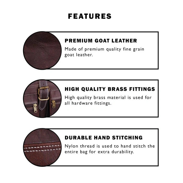 Features of a leather product including premium goat leather, high quality brass fittings, and durable hand stitching.