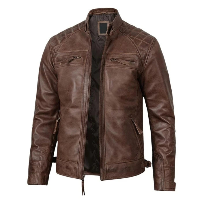 Quilted Shoulder Coffee Brown Biker Leather Jacket