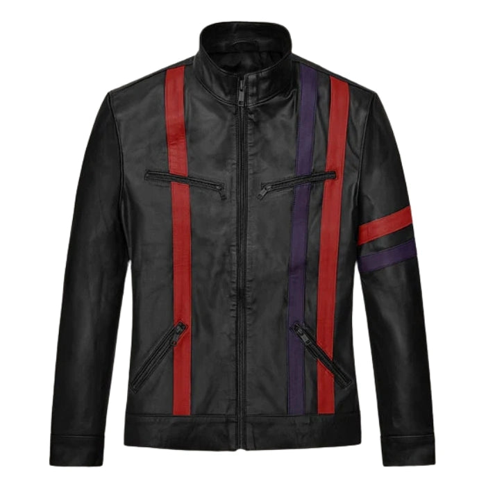 Red Stripes Black Moto Leather Jacket