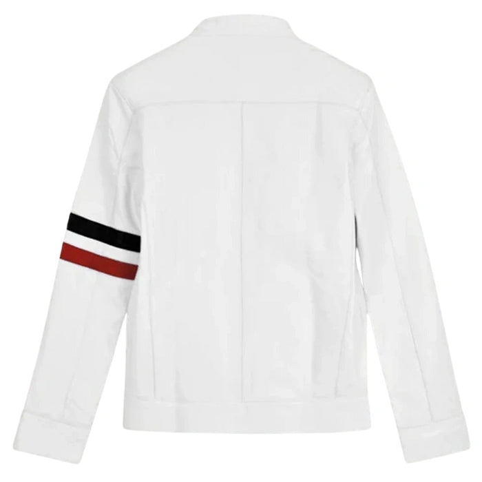 Red Stripes White Moto Leather Jacket