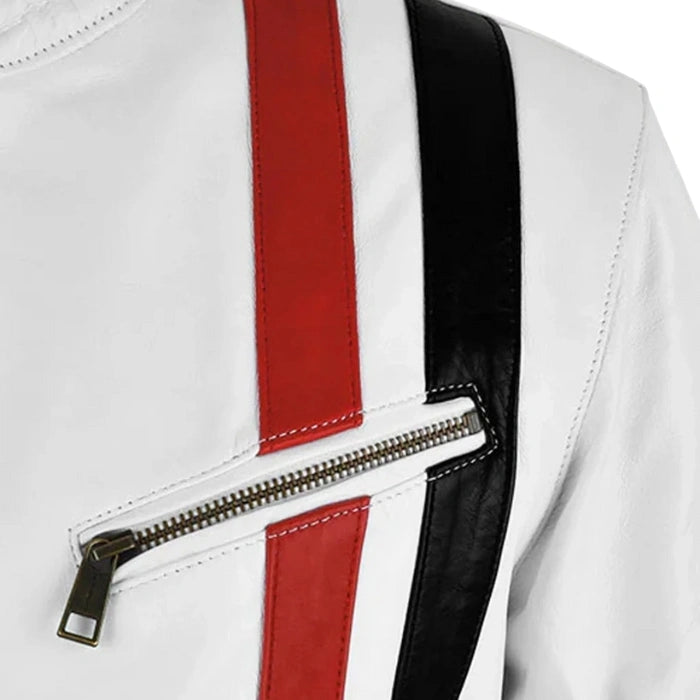 Red Stripes White Moto Leather Jacket