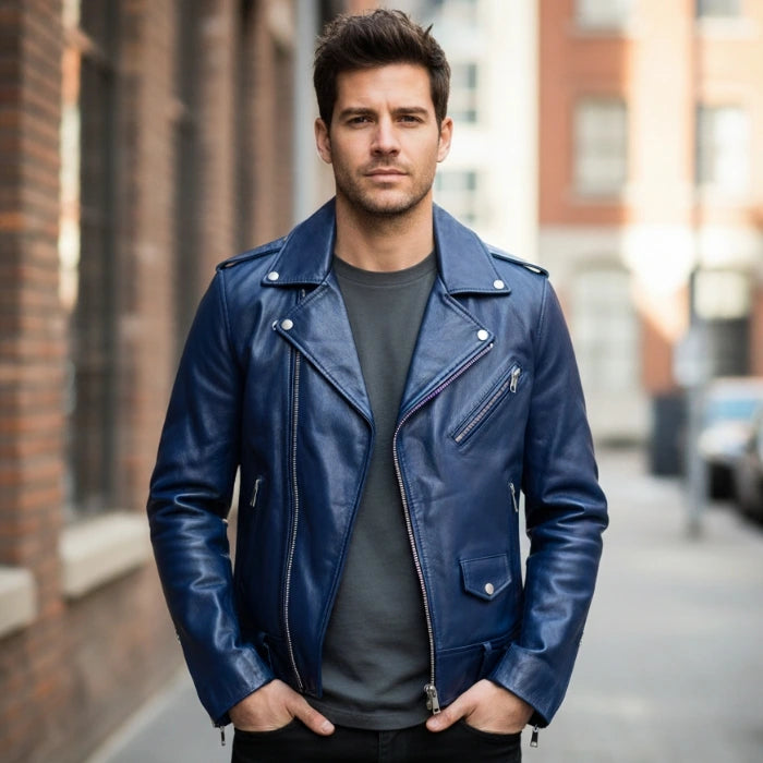 Rich Blue Trooper Biker Leather Jacket