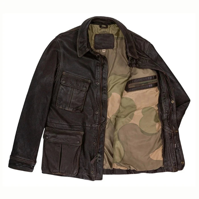 Front view of Brown stonewashed leather jacket with camouflage lining multiple pockets