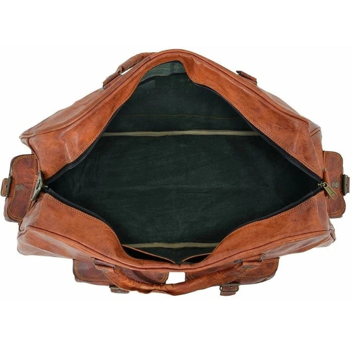 Brown leather duffel bag with open top on a white background