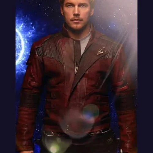 A person wearing a deep maroon leather jacket with a stand-up collar and a zipper front, inspired by Chris Pratt's Star-Lord jacket from Guardians of the Galaxy Vol. 2.