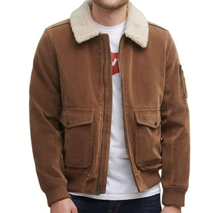 Men's Suede Leather Fur Collar Bomber Jacket