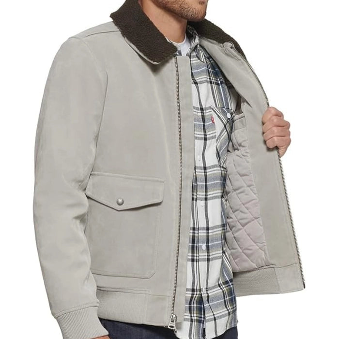 Men's Suede Leather Fur Collar Bomber Jacket