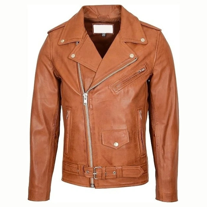 Men's Tan Brando Leather Biker Jacket