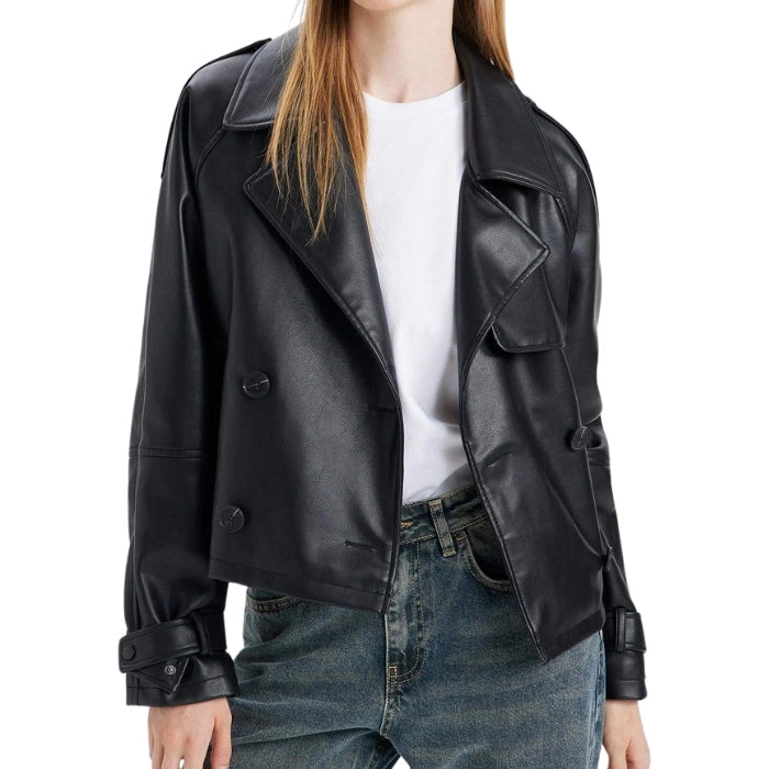 Vero Double-Breasted Cropped Leather Jacket
