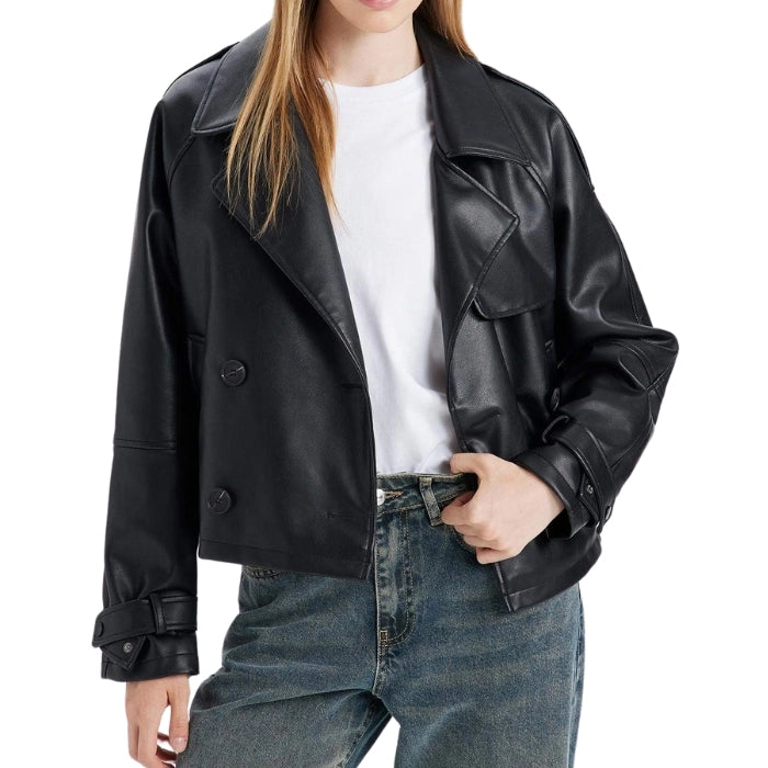 Vero Double-Breasted Cropped Leather Jacket