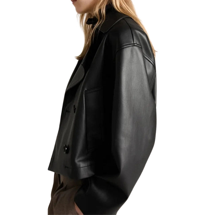 Vero Double-Breasted Cropped Leather Jacket