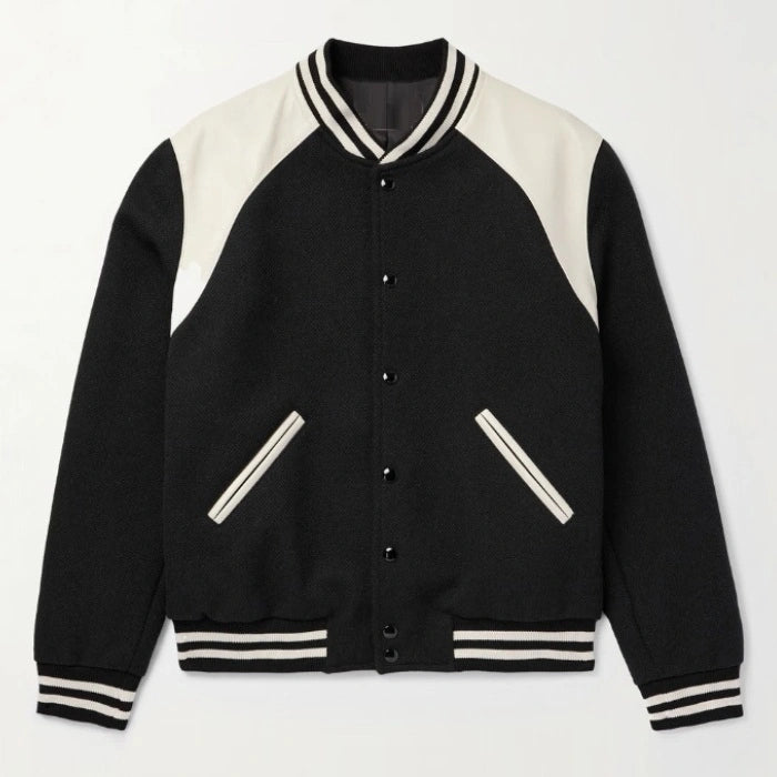 Mercer Black Wool Varsity Jacket with Leather Trim