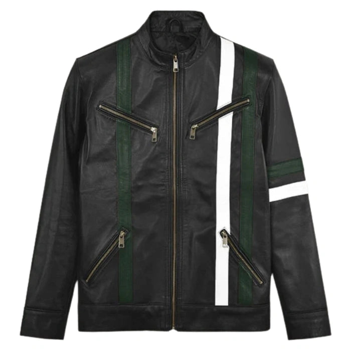 White Stripes Black Moto Leather Jacket