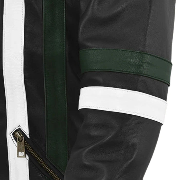 White Stripes Black Moto Leather Jacket