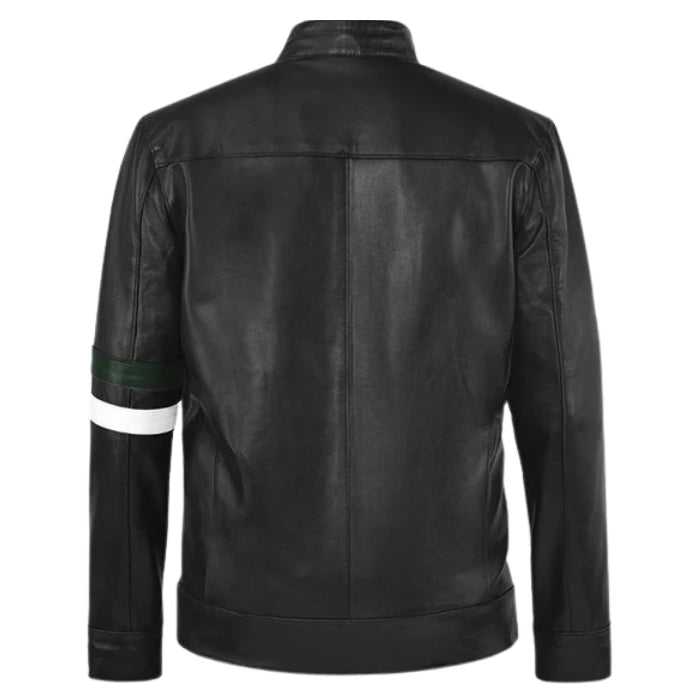 White Stripes Black Moto Leather Jacket