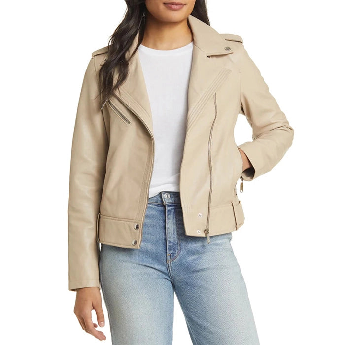 Beige moto leather jacket worn by a model on a white background