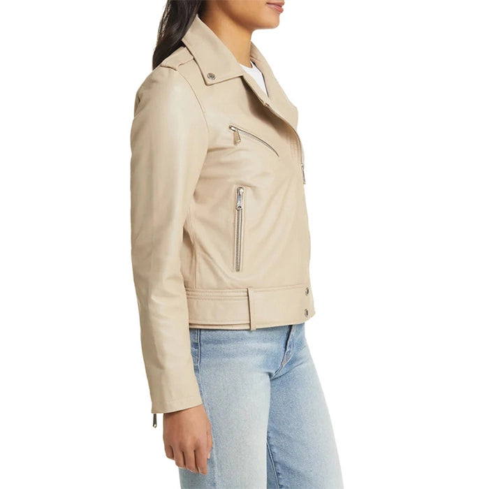 Side view of model wearing Beige moto leather jacket