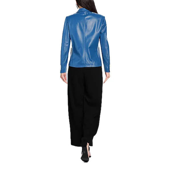 Back view of model wearing blue leather jacket for women