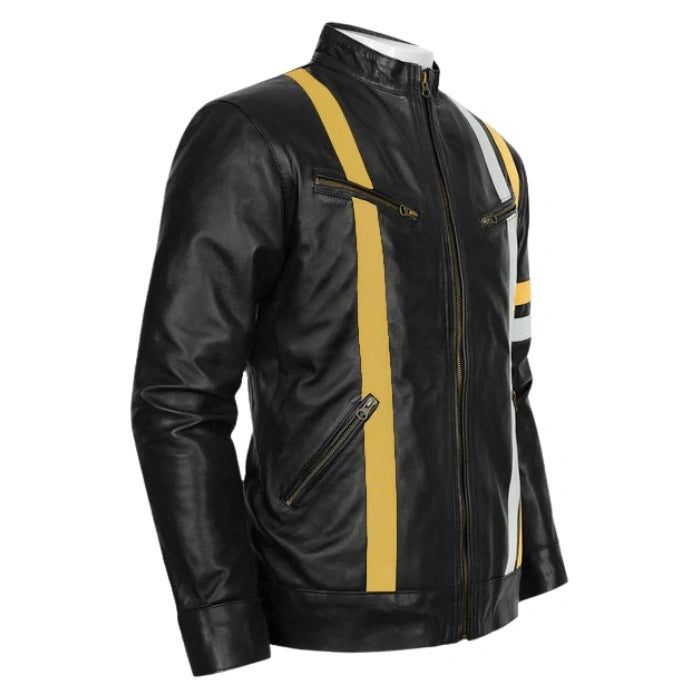 Yellow Stripes Black Moto Leather Jacket