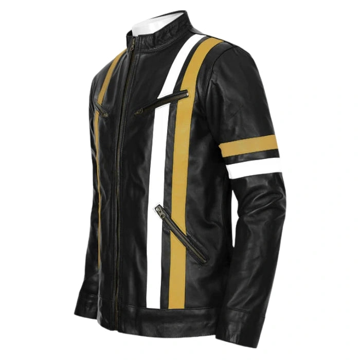 Yellow Stripes Black Moto Leather Jacket