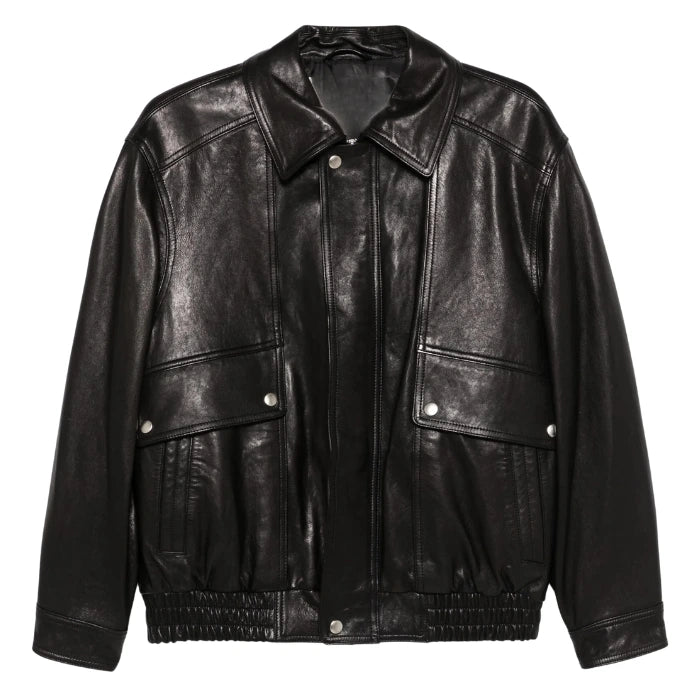 Zarin Relaxed Fit Black Leather Bomber Jacket