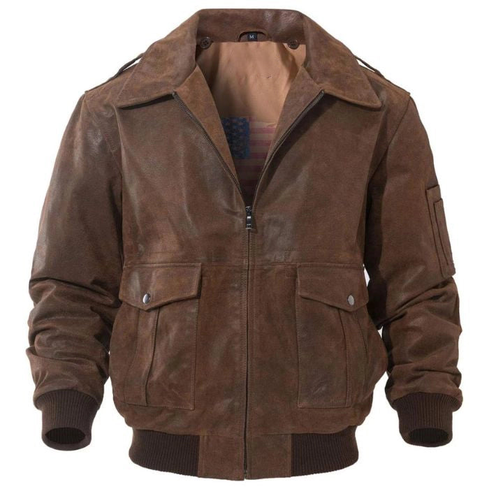 Brown flight bomber leather jacket featuring a front zipper, flap pockets, ribbed cuffs, and collar