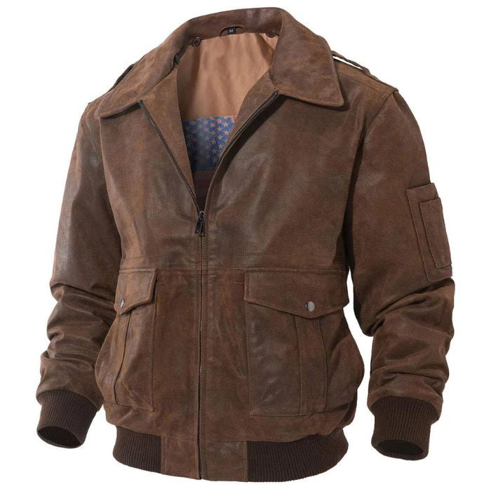 Brown flight bomber leather jacket with a front zipper, large flap pockets, and ribbed cuffs