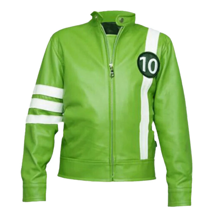 A green and white leather jacket with Ben 10 character inspired design, including the number 10 on the chest.