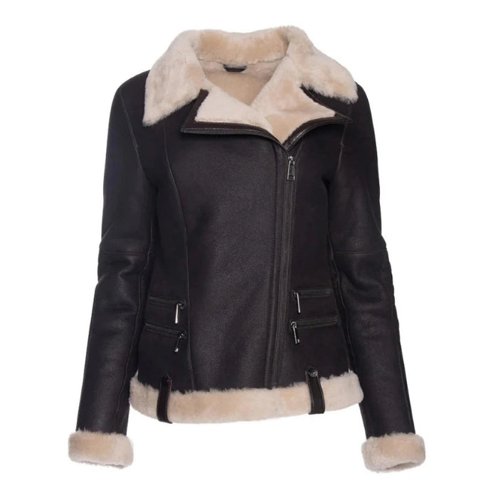 Alvara Spanish Merino Shearling Brown Leather Jacket Beige Fur