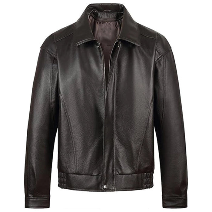 Front view of men's American-style bomber leather jacket