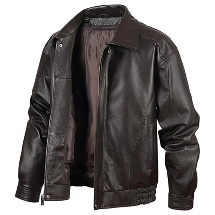Side profile of genuine leather bomber jacket in brown
