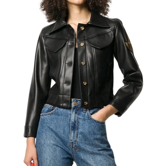 Arielle Cropped Leather Jacket with Bold Gold Buttons