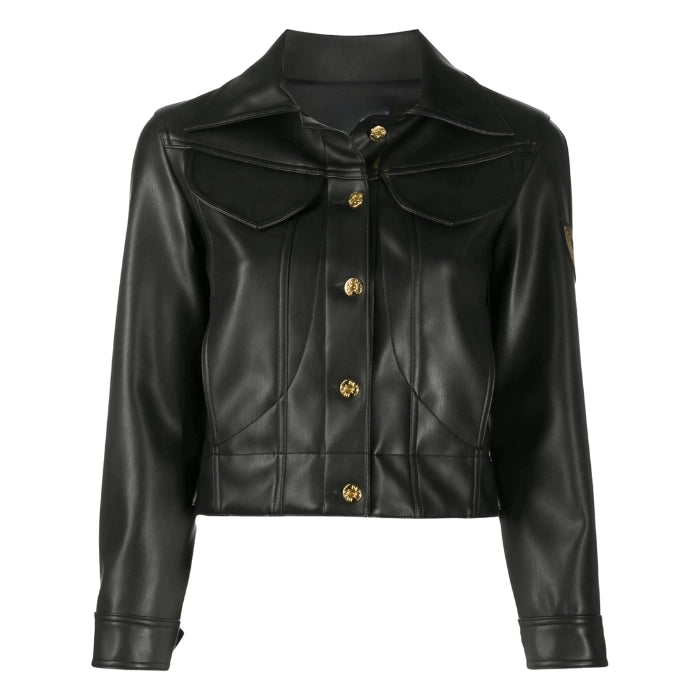 Arielle Cropped Leather Jacket with Bold Gold Buttons