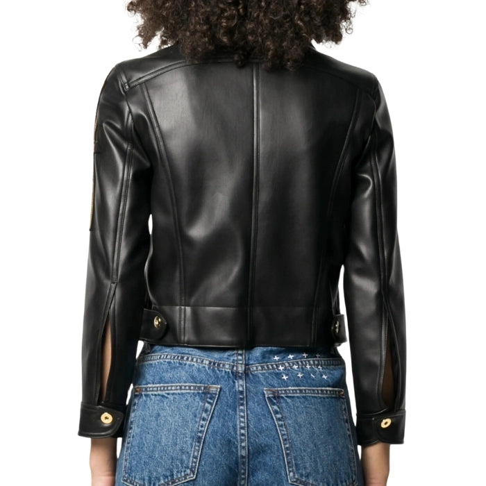 Arielle Cropped Leather Jacket with Bold Gold Buttons