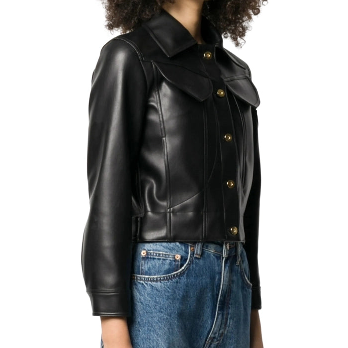 Arielle Cropped Leather Jacket with Bold Gold Buttons