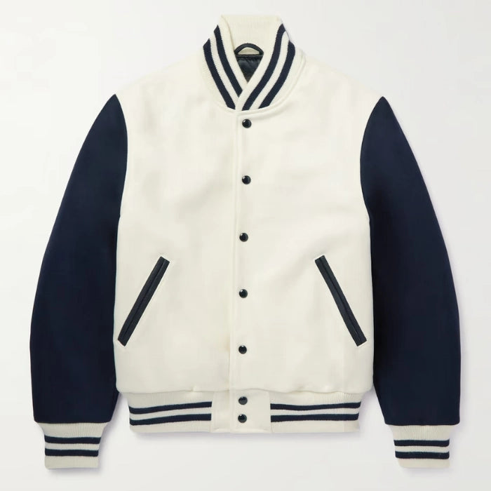 Flat view of White varsity jacket with navy wool sleeves and blue stripes