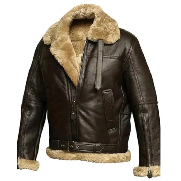 B3 brown shearling leather bomber jacket, a plush fur collar and cuffs, half close zipper