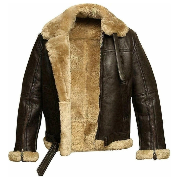 B3 brown shearling leather bomber jacket with a full fur lining, stylish belt at the waist.