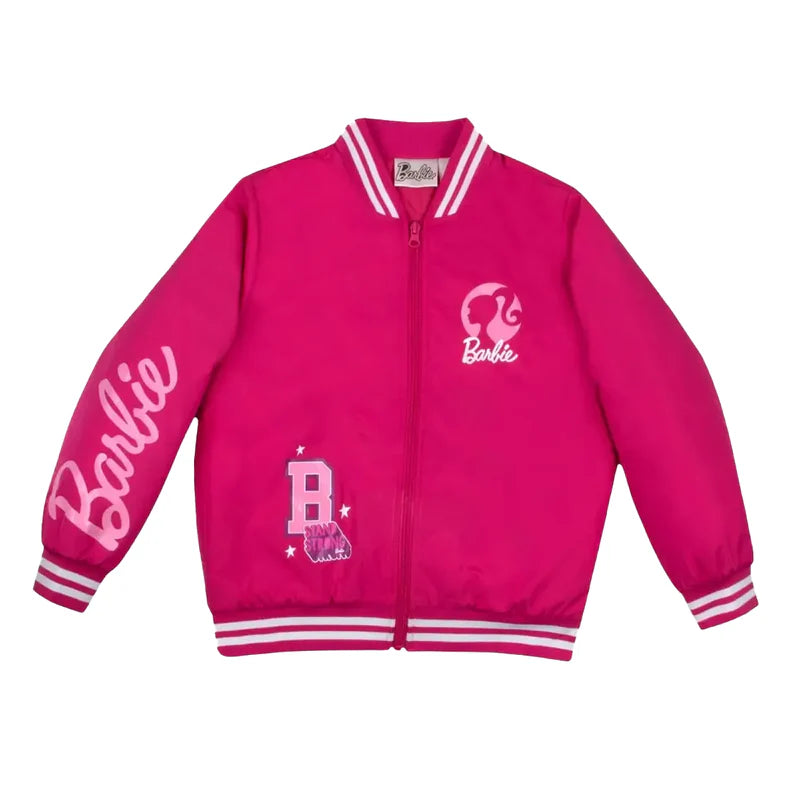 A vibrant Barbie Pink bomber varsity jacket with white striped accents, featuring the Barbie logo and the phrase 'GRL PWR' on the front.