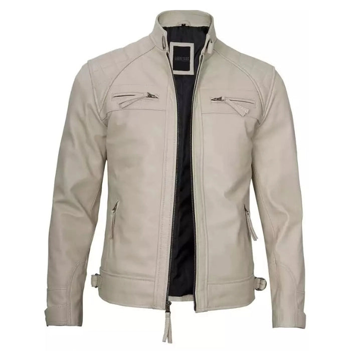 Men’s Beige Color Quilted Cafe Racer Leather Jacket