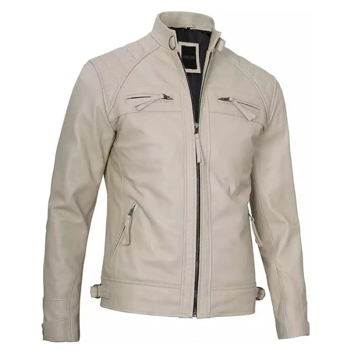 Men’s Beige Color Quilted Cafe Racer Leather Jacket