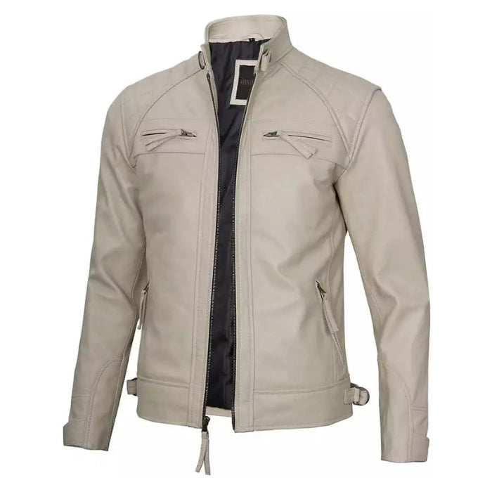 Men’s Beige Color Quilted Cafe Racer Leather Jacket