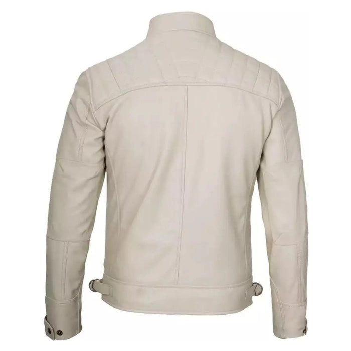 Men’s Beige Color Quilted Cafe Racer Leather Jacket