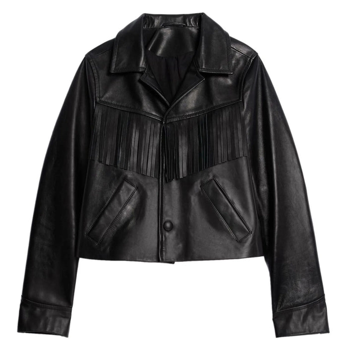 Belyra Black Leather Fringe Cropped Jacket
