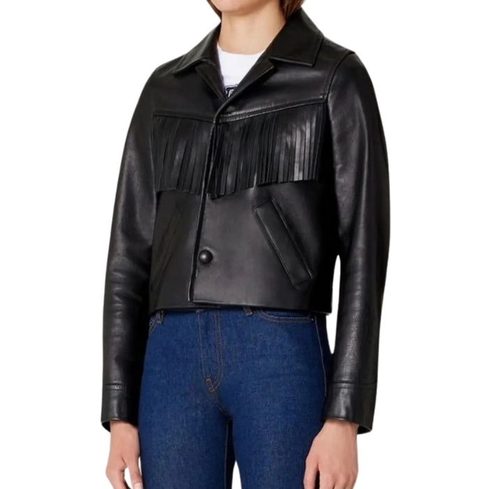 Belyra Black Leather Fringe Cropped Jacket