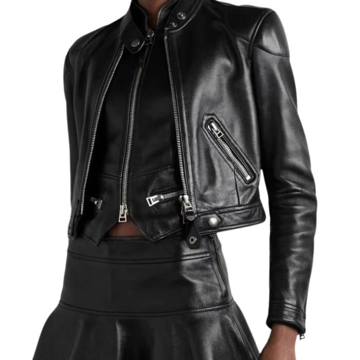 Luxury Black Cropped Leather Biker Jacket