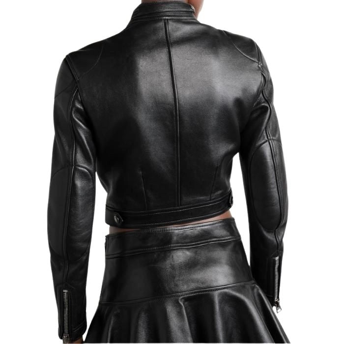 Luxury Black Cropped Leather Biker Jacket