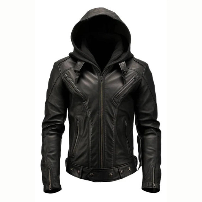 Men's Black Hooded Biker Leather Jacket